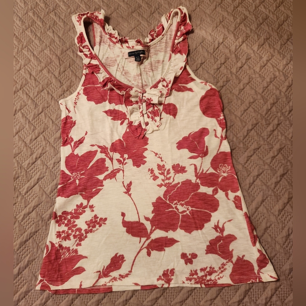 American Eagle Outfitters Floral Ruffle Sleeveless Blouse Tank Top Pink White M